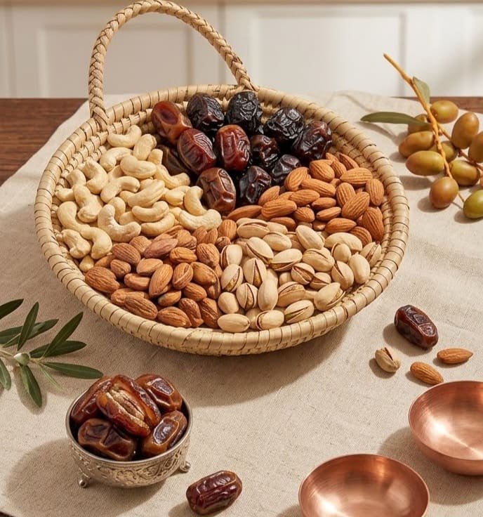 : Assorted Dry Fruits Basket Almonds Cashews Pistachios Dates Bholi Juice and Dry Fruit